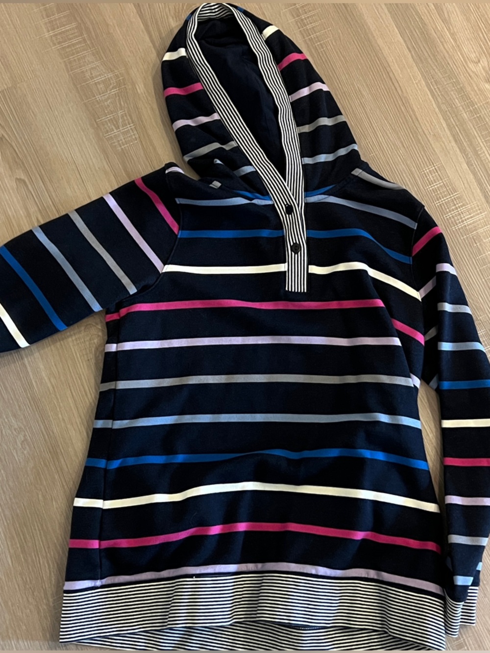 Lands' End Navy Hooded Knit Top with Pastel Stripes Serious sweats size M 10-12